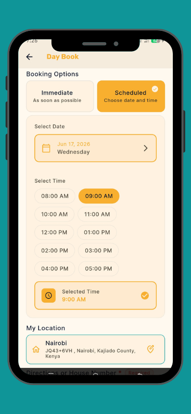 Vebarua app screen for choosing cleaning or laundry date and time