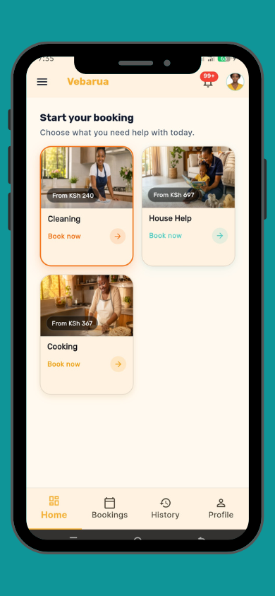Vebarua app service selection screen