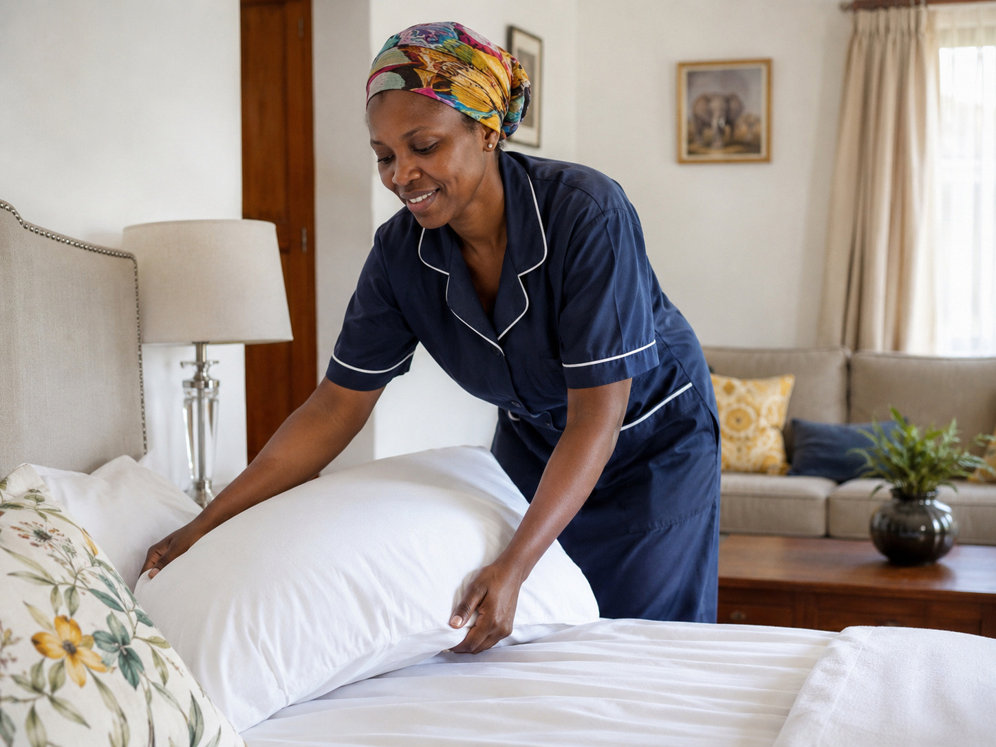 Dayback househelp making a bed in a Kenyan home