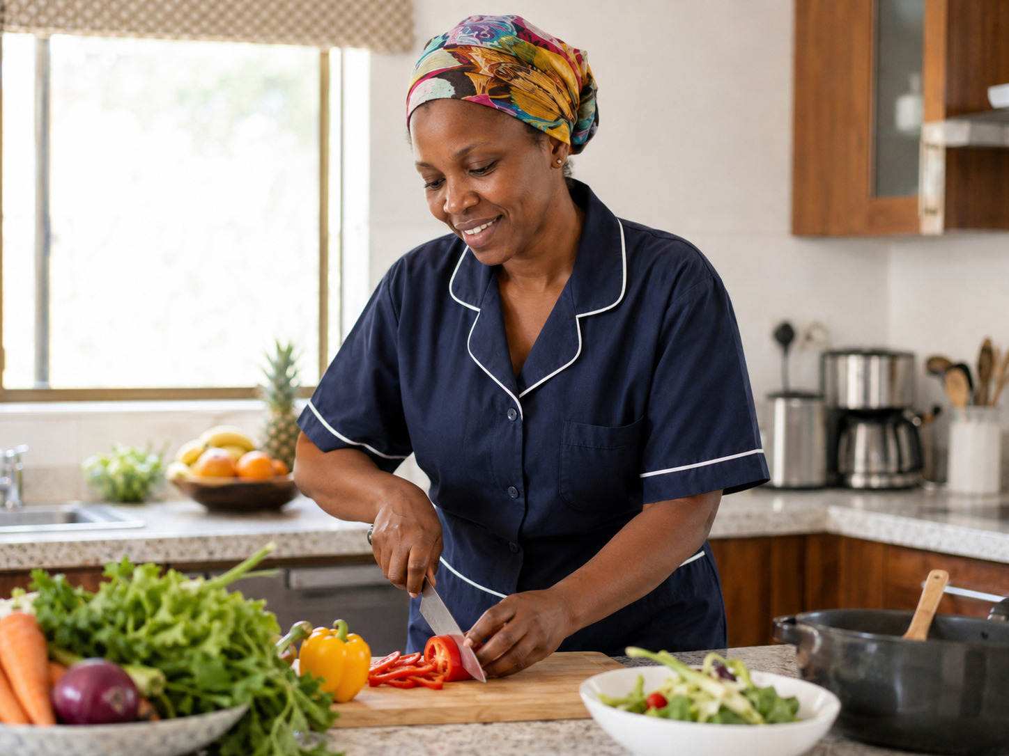 Dayback domestic worker preparing a meal in a home kitchen